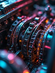 Poster - Closeup shot of the beautiful metallic gears and timing chains in a black machine, bokeh effect, vertical composition. Technology background for graphic design.
