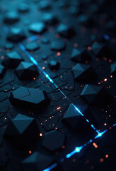 Fototapete - An intricate, dark tech surface with glowing blue and orange light trails, representing high-speed data transfer, advanced computing, and circuit board technology.
