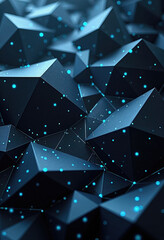 Fototapete - A dark, abstract landscape of geometric polygons and glowing blue particles, visualizing concepts of technology, data networks, and futuristic digital structures.
