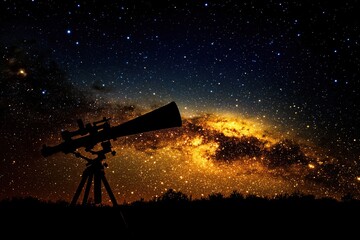 Wall Mural - silhouette of telescope points towards breathtaking starry night sky, revealing vibrant, glowing mil