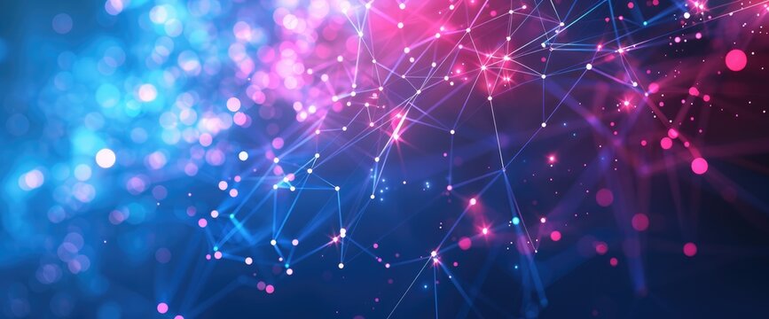 Abstract digital technology background with glowing connections and global network concept, blue color theme, light neon red accents, space for text on right side of banner.
