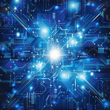 abstract technology background with a blue and white color scheme, vector illustration depicting digital circuitry patterns in the futuristic tech elements and tech symbols style