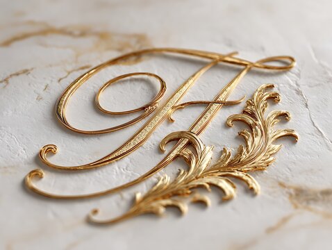 Golden luxury calligraphy initials on soft white marble with rich shadows