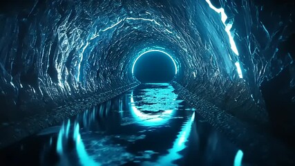 Wall Mural - Illuminated tunnel with glowing walls and reflective water surface, creating a mysterious atmosphere