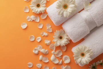 Poster - Soft white towels adorned with flowers and delicate petals on a vibrant orange background create a serene atmosphere, Soft towels with flowers and petals on orange background