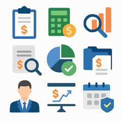 Poster - Collection of flat vector icons representing business, finance, and data analysis concepts.