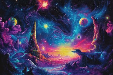 Wall Mural - a colorful painting of a galaxy with many planets and stars. the painting is vibrant and full of lif