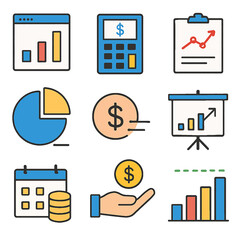 Poster - Collection of colorful financial and business icons representing growth and analysis.