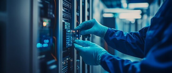 Poster - A technician in blue gloves performs maintenance on server equipment, ensuring optimal performance of data systems in a high-tech environment, highlighting the importance of techno