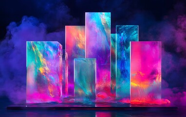 Poster - A vibrant display of abstract geometric shapes illuminated by neon colors, creating a captivating atmosphere. The blend of color and form sparks imagination and creativity.