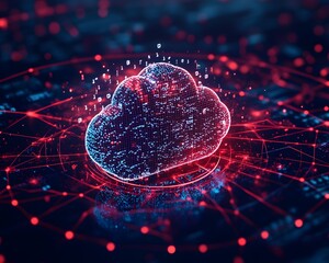 Poster - A vibrant digital cloud symbol representing modern computing, surrounded by a web of connections and data points, showcasing the essence of cloud technology and data management.