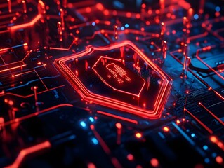 Poster - A vivid electronic circuit with a glowing shield symbol, representing cybersecurity and technology