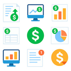 Poster - Collection of financial icons depicting charts, documents, and dollar signs, representing business growth.