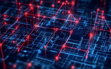 Poster - An abstract representation of a digital circuit board showcasing vibrant red and blue lines interconnected with nodes, symbolizing advanced technology and innovation in modern comp