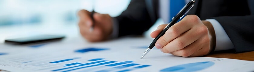 Poster - Close-up of a businessman analyzing documents and charts. Focus on hands holding a pen, jotting down notes and insights from data, symbolizing strategy and market analysis.