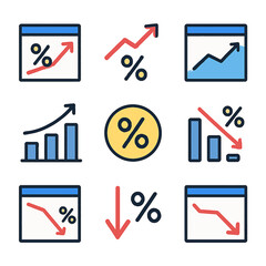 Poster - Set of nine icons depicting percentage increase and decrease, represented by arrows and graphs.
