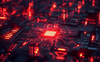 Poster - A close-up view of a high-tech circuit board illuminated with vibrant red lights, showcasing intricate pathways and components, ideal for tech-related projects and digital designs.