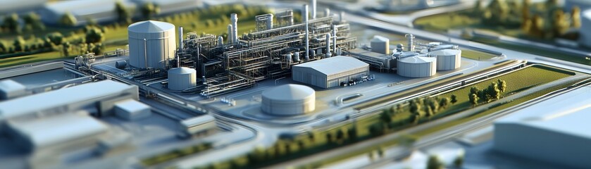 Poster - A detailed aerial view of a modern industrial facility showcasing large storage tanks, processing units, and green landscape, exemplifying efficient manufacturing and technology.