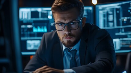Poster - A focused professional man in a suit, working intently at his computer, surrounded by multiple digital screens displaying data and analytics, embodying the essence of modern busine