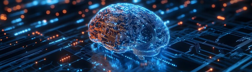 Poster - A futuristic depiction of a glowing brain on a digital circuit board, symbolizing advanced technology and artificial intelligence merging with human cognition and innovation.
