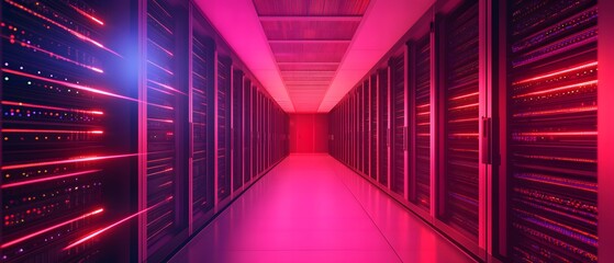 Poster - A futuristic server room illuminated with vibrant red and blue lights, showcasing rows of high-tech servers