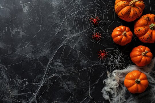 Halloween background with pumpkins and spider webs on black