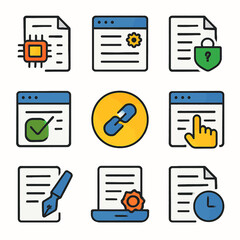 Aufkleber - A set of nine document and webpage icons with various symbols representing security, settings, and links.