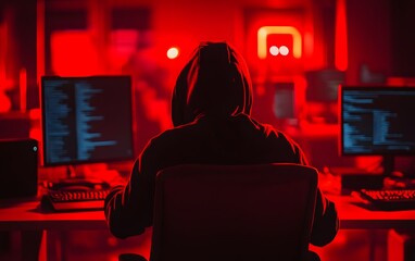 Poster - A shadowy figure in a hoodie sits in front of glowing computer screens, immersed in coding. The room is illuminated with red light, creating a mysterious and intense atmosphere.