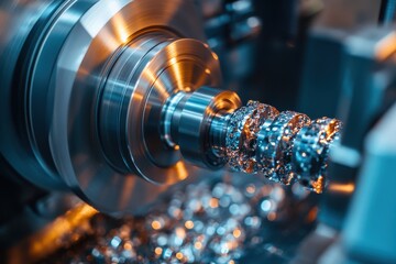 Poster - Metalworking CNC lathe machine cutting aluminum part in workshop environment during daylight hours, Metalworking CNC lathe milling machine Cutting metal modern processing technology