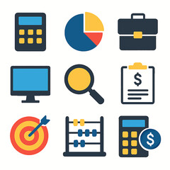 Poster - Colorful business icons depicting finance, analysis, and planning tools.