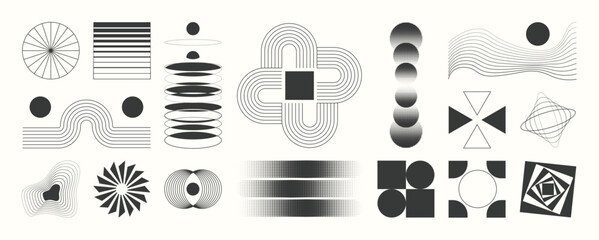 Aufkleber - Abstract minimal element mid century vector set. Aesthetic contemporary stripe line art, geometric shape in monochrome. Art form design for wall art, decoration, wallpaper. 