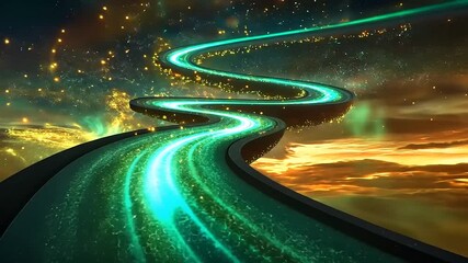 Wall Mural - A winding road illuminated by glowing turquoise lights against a vibrant sunset sky filled with stars