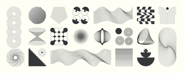 Aufkleber - Abstract minimal element mid century vector set. Aesthetic contemporary stripe line art, geometric shape in monochrome. Art form design for wall art, decoration, wallpaper. 