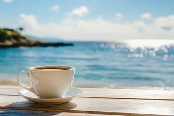 Wall Mural - Enjoying a warm coffee cup with a stunning beach view under a clear sky, Warm coffee cup on a table with a stunning beach view in the summer sun
