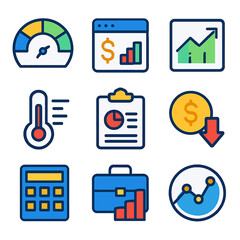 Poster - Colorful icons depicting financial performance metrics, including graphs, charts, and indicators of temperature, speed, and monetary value.