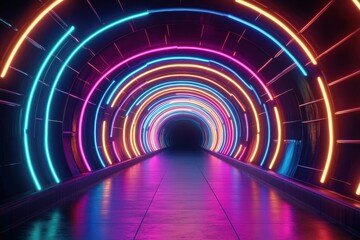 Poster - Explore vibrant neon lights in a seamless tunnel with futuristic design at night, Neon Lights Tunnel Photo background Seamless  quality
