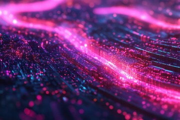 Poster - Vibrant data transfer and processing visualization with neon accents illustrating digital communication, Vibrant visual of Data transfer and processing 3D render seamless