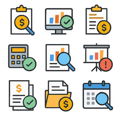 Poster - Financial analysis icons: reports, charts, budget, and accounting tools.