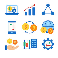 Poster - Set of icons representing cryptocurrency, exchange, growth, and financial technology concepts in blue and yellow.