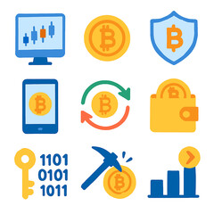 Poster - Digital icons representing Bitcoin cryptocurrency, including a monitor, coin, shield, phone, wallet, key, and graph.