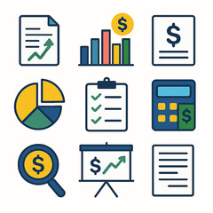 Poster - A collection of financial and business-related icons, including charts, graphs, and money symbols.