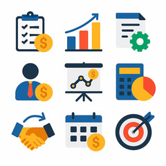 Poster - A collection of business-related icons including a clipboard, chart, document, person, presentation, handshake, calendar, calculator, and target.