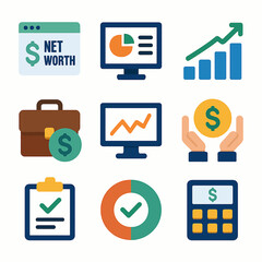 Poster - Collection of financial icons depicting net worth, growth charts, briefcase with money, and a calculator.