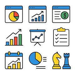 Poster - Business analytics icons: charts, graphs, planning, and strategy symbols.