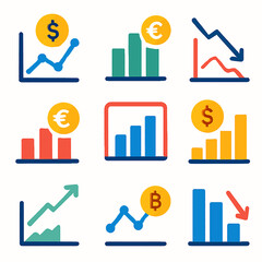 Poster - A collection of colorful financial charts showing various trends, including upward and downward movement, with currency symbols.