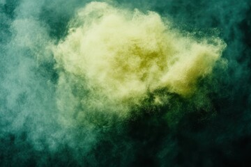 Poster - Yellow green powder material floats in air creating an artistic display against a dark background, Yellow Green Powder Material Circling Shot