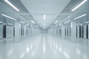 Poster - Modern empty interior of a large data center featuring rows of rack servers and clean design, Empty interior of large modern data centre with rows of server racks
