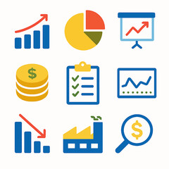 Poster - Colorful business and financial icons representing growth, analysis, and planning.