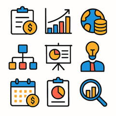 Poster - Collection of business icons, including charts, graphs, money, calendar, and a person with a lightbulb head, representing business concepts.