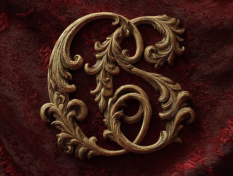 Golden monogram calligraphy over burgundy velvet with embossed depth effect